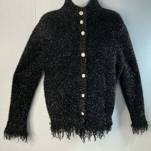 Women's Black Sparkle Teddy Jacket with Decorative Buttons